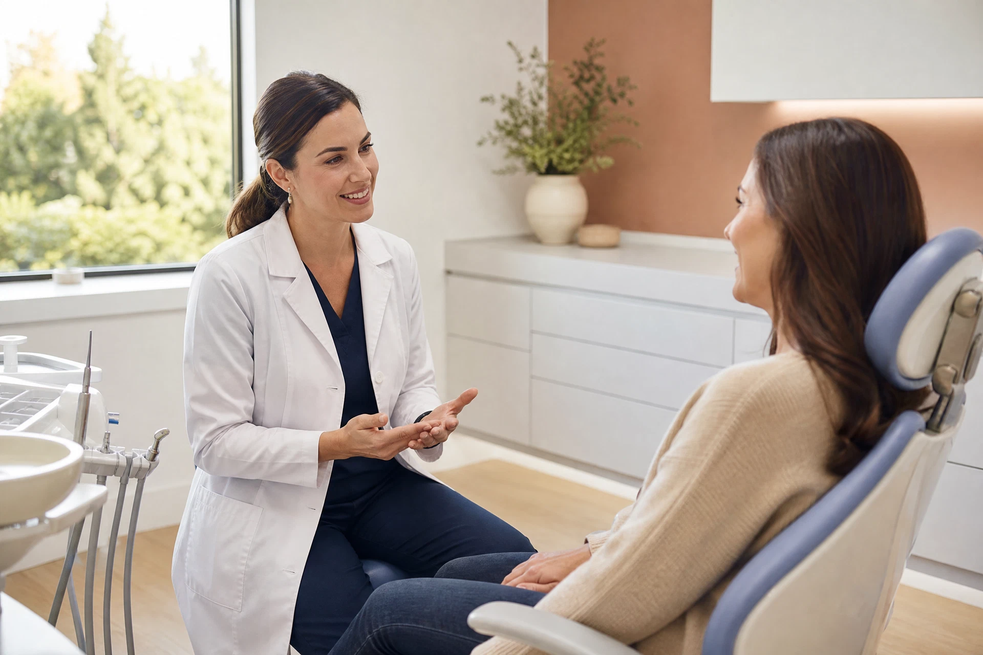 Una profesional dental conversa con un paciente en consulta